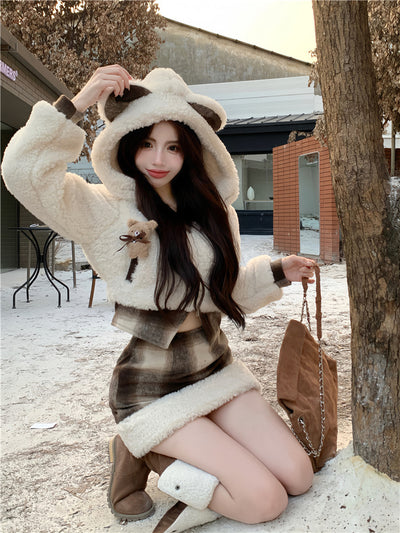 Cute Short Plush Quilted Waist Slimming Sheath Suit