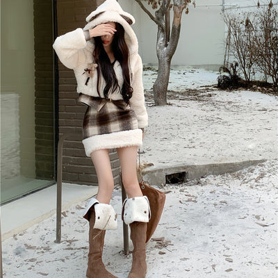 Cute Short Plush Quilted Waist Slimming Sheath Suit