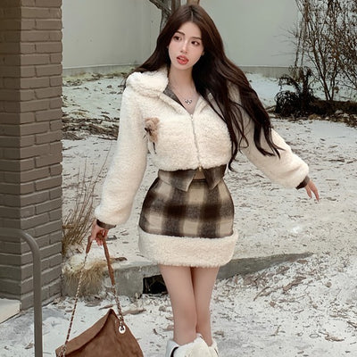 Cute Short Plush Quilted Waist Slimming Sheath Suit