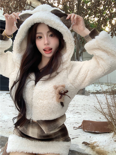 Cute Short Plush Quilted Waist Slimming Sheath Suit