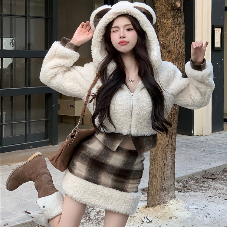 Cute Short Plush Quilted Waist Slimming Sheath Suit